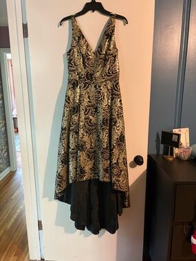 Calvin Klein Black and Gold V-Neck High-Low Dress